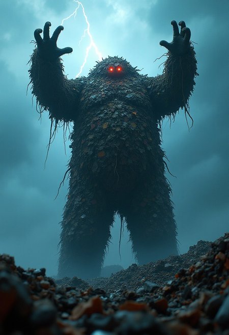UHD 32k dark fantasy horror movie still, photograph, humungous gigantic 100 foot tall trash golem made entirely of multi-colored rotted trash and junk emerging from landfill reaching arms up, glowing eyes, thunderstorm and lightning, closeup, epic Fantasy, epic scale, landfill background, trending on artstation, sharp focus, studio photo, intricate details, highly detailed, cinematic realism, high action pose, correct digits, intricately detailed filthy place, film grain, HD, 8k, volumetric lighting, clear -dark, smoky, dimly lit, volumetric lighting