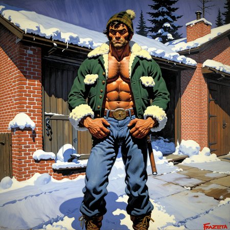 oil painting, oil on canvas, <lora:dmd2_sdxl_4step_lora_fp16:1>
by frank frazetta
lone man stands in his snowy driveway, facing forward, garage door, brick, (face:1.2), flannel shirt, jeans, winter bomber hat