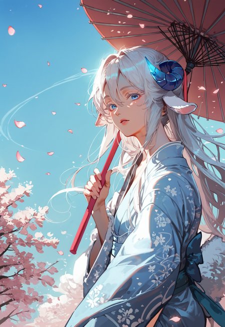 score_9, score_8_up, score_7_up, anime, best quality, 1boy, white hair, sky blue eyes, long eyelashes, white eyelashes, light skin, flat chest, perfect face, detailed body, cute, small, hair between the eyes, side-parted hair, small crystal horns, sky blue horns, fluffy sheep ears, white sheep ears, long dragon tail, long hair,
,
, 
dynamic pose, expressive, dynamic pose, dynamic angle, volumetric lighting, cinematic lighting,
,
,
kimono, holding umbrella, cherry blossom, looking at viewer, petals falling,