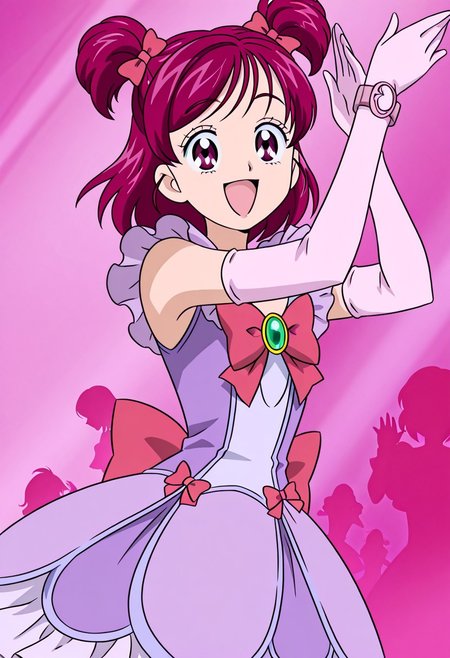 zPDXLx, mur4k4mi-ip,anime screencap, anime art style, yes precure 5, yumehara nozomi, dress, gloves, 1girl, two side up, elbow gloves, smile, bow, pink hair, purple eyes, silhouette, parody, open mouth, solo, magical girl, short hair, pink theme, pink eyes, Dancing, dance