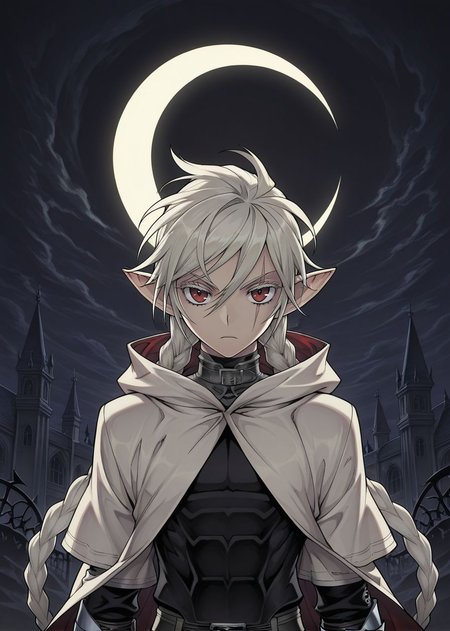 masterpiece, best quality, arms at sides, male focus, 1boy, male, looking at viewer, upper body, crescent moon, night, gothic background, 
<lora:Koinzell:0.8>, Koinz0l, red eyes, platinum blonde hair, scar across eye, pointy ears, twin braid, platinum blonde eyelashes, cape, hooded cloak,