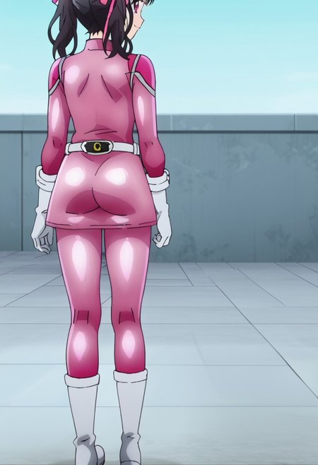 masterpiece, best quality, <lora:haru_arisugawa:0.7> haru_arisugawa, 1girl, solo, pink_gelato, pink eyes, black hair, long hair, short hair, twintails, hair ribbon, smile, looking at viewer, bodysuit, pink bodysuit, multicolored bodysuit, pink skirt, white boots, white gloves, belt, pink sleeves, standing, full body, ((source_anime, anime accurate, screencap)), butt, from behind, rear view, ass focus