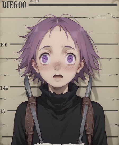 (score_9, score_8_up), score_7_up, score_6_up, best quality, standing, portrait, close up,
<lora:ebisu:1>, solo, 1girl, 
3bisu, purple hair, short hair, purple eyes, ringed eyes, sweater, turtleneck, backpack, 
slim:1.2, slender, petite:1.3, embarrassed, blush, nose blush,
short, skinny, androgynous,
droll,
MarcilleWalleyed,Derpface,open mouth, Wall eyed,
 <lora:MarcilleWalleyed:0.5>
<lora:mugshot_pony:0.5>,
mugshot, mugshot wall,