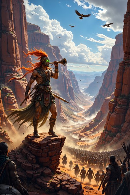 A hyper-realistic portrait, photorealistic photo close-up image of In a vast canyon, the sound of war pipes echoes off the red stone walls as a clan of warriors marches in unison across the dusty ground. The piper, a tall, lean figure with bronze skin and glowing green eyes, stands atop a boulder, his instrument wailing a high, eerie tune that sends shivers through the hearts of all who hear it. His wild, flame-colored hair whips in the wind, and his eyes gleam with fierce determination as he directs the army below. The pipes themselves are carved from bone, and each note seems to carry the weight of ancient battles long since forgotten. Around him, the canyon is alive with the sound of marching feet, the rhythmic beat of drums, and the metallic clang of weapons being prepared for battle. Dust rises in great clouds as the army moves forward, their faces set in grim determination, following the haunting call of the pipes. Above, vultures circle lazily in the blue sky, waiting for the battle to begin. The sound of the pipes weaves through the canyon like a living thing, rising and falling with the wind, a call to arms that cannot be ignored. (photography, high-resolution, dynamic, energetic,hyper-realistic, dramatic lighting, shallow depth of field.), detailmaximizer, MythP0rt<lora:midjourney_whisper_flux_lora_v01:0.55><lora:aidmaMJ6.1-FLUX-V0.1:0.4><lora:FluxMythP0rtr4itStyle:0.4><lora:detailed_flux_ntc:2.2><lora:aidmaImageUpgrader-FLUX-V0.1:0.65>