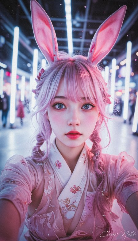 Neo Photorealistic Art Style, A Japanese girl with long rabbit ears and gradient white-pink hair wears a floral white furisode. She embodies Neo-Japan futurism, surrounded by a surreal, intricate futuristic background.