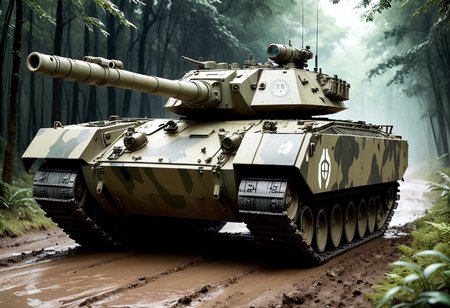 (medium full shot) of (formidable mobile urban-camo tank) with ceramic armor, diesel, reinforced turret, adorned with unit insignia, set in  a muddy forest path, with difficult terrain and narrow passages, the tank pushing forward, during a nighttime operation, ,Masterpiece,best quality, photo, realistic, very aesthetic