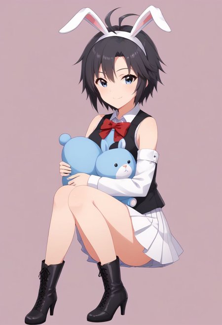 1girl, solo, kikuchi makoto, kkcmkt, short hair, black hair, antenna hair, hair between eyes, black eyes, flat chest,  small breasts, 
1girl, animal ears, antenna hair, bare shoulders, black footwear, black hair, black vest, blue eyes, blush, boots, bow, bowtie, breasts, closed mouth, cross-laced footwear, detached sleeves, fake animal ears, fluffy, full body, hairband, high heel boots, high heels, holding, holding stuffed toy, hugging object, knee boots, lace-up boots, light blush, light smile, looking at viewer, pink background, pleated skirt, pom pom \(clothes\), rabbit ears, rabbit symbol, red bow, red bowtie, romaji text, short hair, sitting, skirt, sleeveless, sleeves past wrists, small breasts, smile, solo, star \(symbol\), stuffed animal, stuffed rabbit, stuffed toy, very short hair, vest, white hairband, white skirt, white sleeves
masterpiece, best quality, very aesthetic, absurdres,