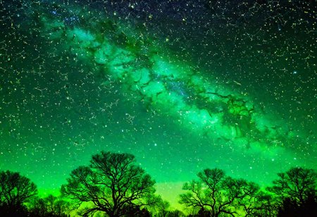 starry night sky, emerald green shamrock, constellation, stars, Milky Way background, vibrant, cosmic, shimmering, vast