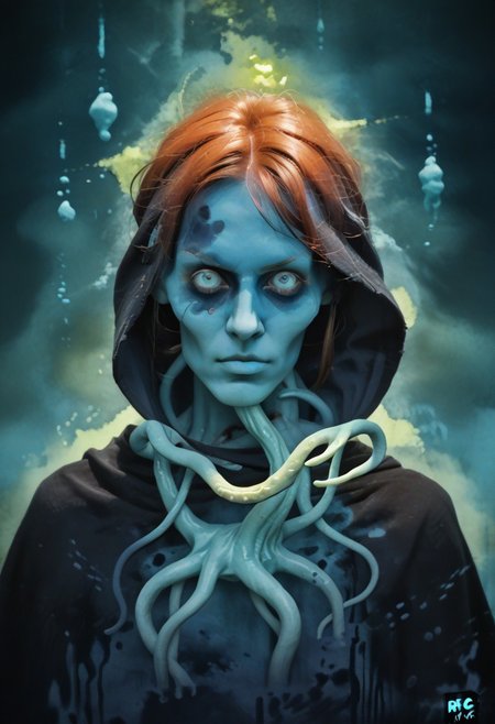 weird water woman, 19yo, portrait, strange tentacles, prismatic beams, score_9, score_8_and_up