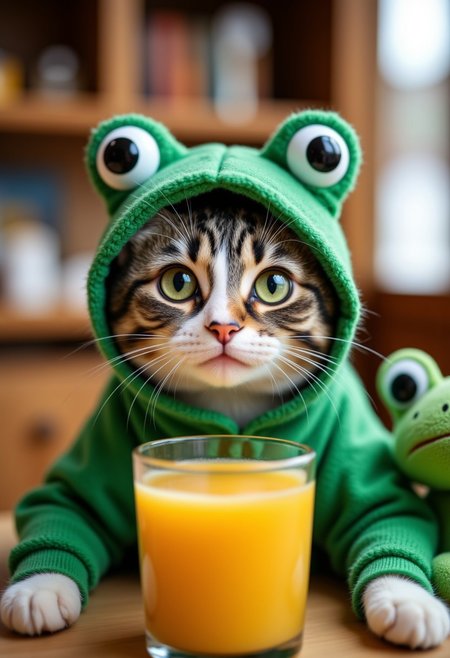Professional photograph of  A cute tabby cat wearing a green frog costume, sitting at a table. The cat has big green eyes and a content expression. There is a glass of orange juice on the table and a plush frog toy next to the cat. aidmafluxpro1.1, aidmaMJ6.1, aidmaimageupgrader, aidmaHyperrealism