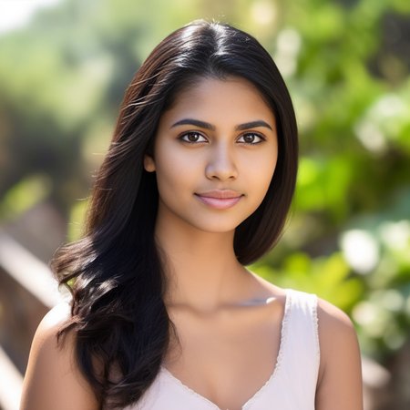 headshot photo, close up, woman,  pretty face, outdoors, natural lighting, studio quality, good white balance, desiespresso, black hair <lora:DesiCoffeeSDXL:0.65>