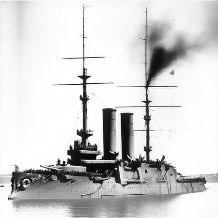 sailing to the viewer with the bow slightly to the right. There is people watching the ship in the foreground, whith light gray smokestacks with a dark detail on top. Black and white photograph. The ship is viewed from a 3/4 perspective, battleship gangut sailing at sea, under grey sky. The ship is painted very dark, with lighter superstructur, greyscale, behing a cloudy sky. black and white photograph. the image portraits the ship nearly broadside, black and white photograph. NEarly broadside photograph. The bow points to the left., ship, with the bow pointing to the right. Some smoke can be seen from the funnels. Black and White photograph, sailing forward., military, Another battleshp sails behind Admiral Ushakov