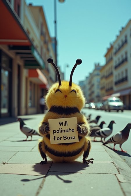 An outdoor, close up, eye level view of a yellow and black striped bee sitting on a sidewalk facing the right side of the image. The bee has two large antennae on its head and is holding a sign that reads "Will pollinate for Buzz". There are several pigeons and a cat walking on the street next to the bee. The background shows a busy city street with buildings and shops. The sky is blue and the image is a light blue color., analog raw photo cinematic grain whimsical masterpiece