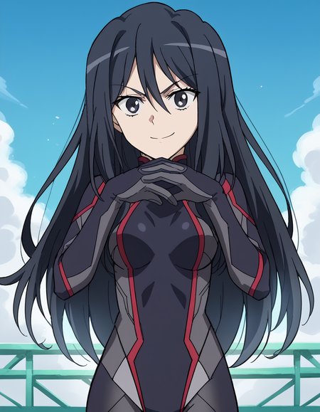 score_9, score_8_up, score_7_up, source_anime, <lora:shutaura-sequenzia-movie-ponyxl-lora-nochekaiser:1>, shutaura sequenzia, long hair, black hair, black eyes, hair between eyes, anime screencap,, bodysuit, black bodysuit, pilot suit, laundry day, clothesline, drying clothes, domestic life, fresh air, blue sky, smile, <lora:gendou-pose-ponyxl-lora-nochekaiser:1>, gendou pose, own hands clasped, own hands together, parody,, looking at viewer, solo,, dutch angle, cowboy shot