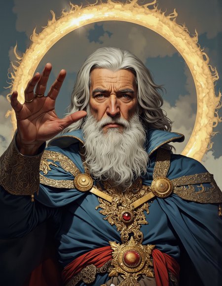 By Phandigrams. A dramatic digital illustration shoot from a portrait camera angle about an elderly man with a long white beard and gray hair, dressed in ornate attire, standing confidently in front of a large golden halo. the man, who appears to be in his late 60s or early 70s, has a serious expression and is positioned in the middle of the image, with his right hand raised in a gesture. he is wearing a blue cloak with intricate gold embroidery and a red sash around his waist, along with a gold brooch with a red gem in the center. his hair is styled in a long, flowing manner, and he has grey hair that falls down his back. his eyes are focused intently on the viewer, and his facial features are detailed and well-defined. the background is a cloudy sky with a large, glowing golden circle behind him, adding to the dramatic effect of the scene. the lighting is dramatic, casting shadows that accentuate the man's facial features and the intricate details of his clothing.