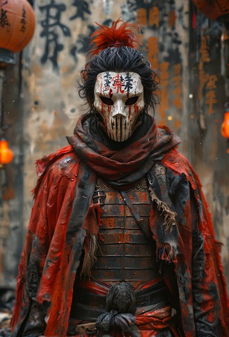 A weathered warrior stands in muted light, donning a tattered red cloak splattered with grime and darker reds, over a black battle-worn suit of armor, a white mask with black Asian calligraphy obscures the face, under a messy long hair with a tied top-knot, all set against a blurry backdrop of gray structures and faint orange accents suggestive of lanterns, <lora:MJ52:0.4>, <lora:MJ52_v2.0:1>, <lora:CinematicStyle_v1:1>, <lora:zavy-cntrst-sdxl:0.6>