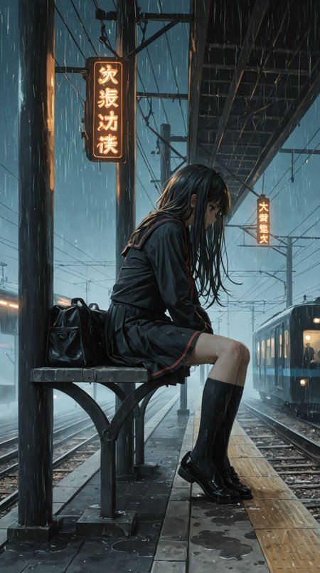 masterpiece,best quality, <lora:add-detail-xl:1>, (oil painting \(medium\), painterly:1.4)
1girl, long hair, flowing hair, black hair, loose hair strands, dark blue eyes, detailed eyes, black serafuku, black top, red trim, pleated skirt, black skirt, black socks, kneehighs, dress shoes, black bag rests beside her, 
sitting, train station platform, high train station platform, swinging legs, dim lighting, night sky, surrounded by mist and light rain, fog, (orange neon lights), wet surfaces, railway tracks, utility pole, power lines, 
melancholic atmosphere, cinematic composition, loneliness, soft lighting, moody
wide shot, looking away