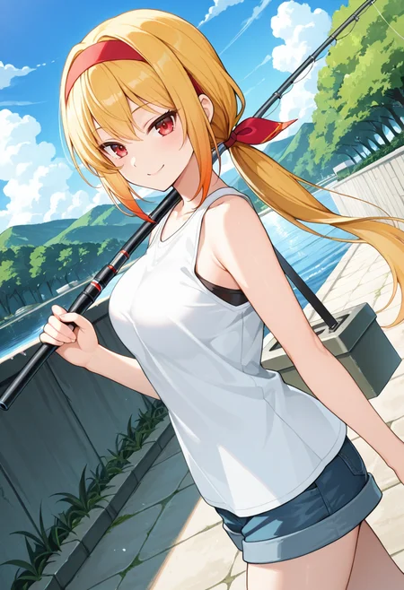 1girl, solo, masterpiece, best quality, newest, absurdres, CG, anime, source anime, illustration, very aesthetic, high resolution, ultra-detailed, scenery, rule of thirds, masterpiece-level, clean lines, serene atmosphere,
BREAK
dutch angle, cinematic angle, from side, safe, sfw, intricate scenery,
day, blue sky, clouds,
<lora:kaelaIL:0.45> kaelaIL, long hair, medium breasts, low ponytail, red eyes, (blonde hair:1.5), tsurime, red hair ribbon, headband,
denim shorts, white shirt, sleeveless, untucked shirt,
<lora:fishing_XL_v1:0.8> fishing, walking, holding fishing rod, fishing rod on shoulder, happy smile, closed mouth, tackle box, icebox