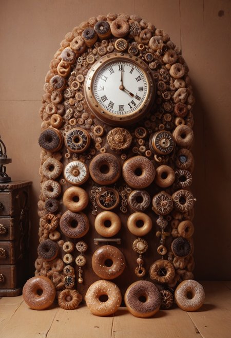 d0nu71f13d,  score_9, score8_up, score_7_up, rating_safe,
a large grandfather clock, visible cogs made of donuts, steampunk.