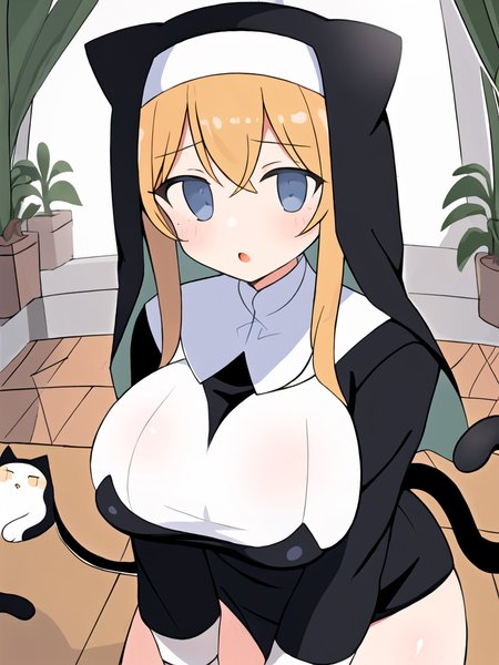 Masterpiece, best quality, best work, beautiful face, nun, cat girl, huge breasts, holding cross, on knees,