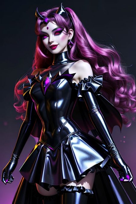 EvlSM, MEvil, Bad_End_Precure, DarkPrecure, adult, evil corrupted princess wearing dark pastel (ruffled:1) (gleaming latex:1)  gown with (long latex cape:1) and latex elbow gauntlets, soft lighting, ruffles,
(red eyes, colored skin, glowing eyes, evil smile),
(makeup, lipstick, mascara, eyeshadow),
<lora:more_details:0.5>,
