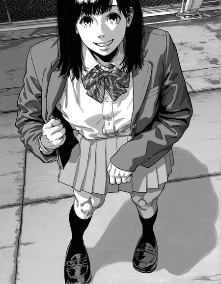 score_9, score_8_up, score_7_up,score_6_up,high resolution,mtskyamd,1girl,monochrome,grayscale,black hair,long hair,bangs,school uniform,jacket,bowtie,skirt,socks,shoes,smile, volumetric lighting,rim lighting,dof,dramatic shadow,front view,standing,in street,kneeling