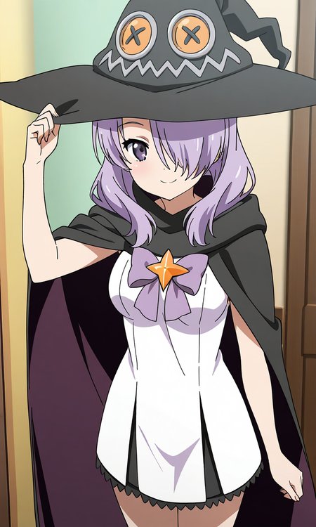 masterpiece, best quality, good quality, <lora:Nanako_Houkago_no_Pleiades_IS:0.9>
Nanako(Pleiades), 1girl, purple hair, hair over one eye, purple eyes, long hair, breasts, anime coloring, 
purple ribbon, hair over one eye, long hair, breasts, 1girl, solo, smile witch hat, looking at viewer, home in the room, cowboy Shot, white dress, black cloak,