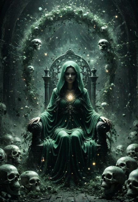 Digital art, concept art. the Queen of the Undead sits upon a Throne of skulls in a gloomy realm. Clad in dark green slit toga with silver ornaments and draped in canvas hoods, she exudes both seduction and danger. Faded flowers surround her, contrasting with her chilling presence. A glowing magical circle pulsates at her feet, bending the elements to her will. Her eyes, twin orbs of ethereal radiance, convey a depth of darkness and power that warns of impending doom to all who dare oppose her. Bokeh blur. Colorful. BadDream, DEVIL SPAWN, ais-darkpartz, OverallDetail,
