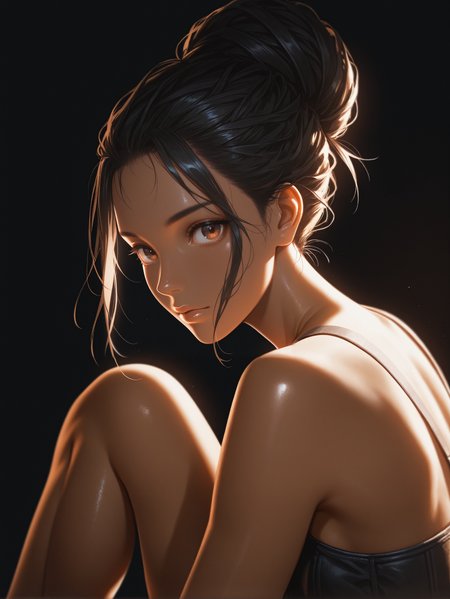 masterpiece, best quality, absurdres,
<lora:ILCyberPanam:1.0>
CyberPanam, 1girl, black hair, brown eyes, dark skin, looking at viewer, sitting, knee up, from the side, black background, back lighting