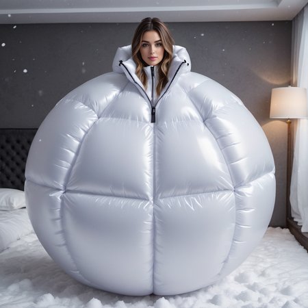 one cute american women wearing a large inflatable spherical downsuit puffer_downsuit , hyperdetailed photography,4k textures,intricate details,4k resolution,  <lora:puffer_downsuit_v1:0.4>, snow bedroom scene
 <lora:inflatablerubber:0.4>