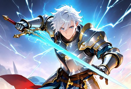 <lora:takeda_hiromitsu_style_illustrious_goofy:1>, <lora:noobai_vpred_1_masterpieces_v23:1>, <lora:Eyes_Lora_Pony_Perfect_eyes:1> , masterpiece, fantasy\(theme\), thick outlines, best quality, 1boy, handsome, 18-year-old, short messy hair, white hair, off-center sideswept fringe, right hairline parting, visible hairline, blue eyes, knight armor, drawing sword, lightning magic, side view