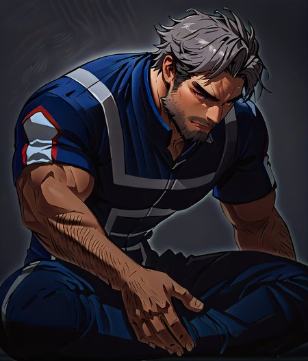 score_9, score_8_up, realistic, rating_questionable, bif, facial hair, beard, 
<lora:ua-gym-uniform-ponyxl-lora-nochekaiser:1> ua gym uniform, u.a. gym uniform, blue track suit, blue pants, blue shirt, short sleeves,
<lora:face_Adray_Lasbard:1>, AdrayLasbard, mature male, grey hair, short hair, red eyes, facial hair, mustache, muscular, arm tattoos, 
glossy skin, 1 muscular male, handsome, short hair, detailed background, bara,, mature,
<lora:egg_leonard-04:.4><lora:style_Concept Art DarkSide Style LoRA_Pony XL v6:1><lora:slider_skin tone slider_last:-1>,<lora:slider_Body Type_alpha1.0_rank4_noxattn_last:1>