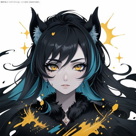 ((best quality)), ((highly detailed)), masterpiece, ((official art)), (detailed eyes, deep eyes), (1girl:1.33, solo), (hellhound), black fur, flame eyes, monster girl, <lora:abstractPortraits_v1:1>, pxint, portrait, Tea rose and yellow, droplets, flowing, with a splash of paint, paint splash, multicolored, sparkle, (abstract)