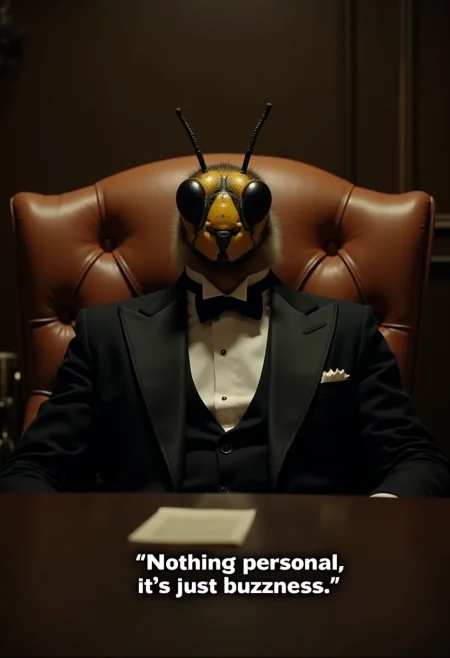 A bee in a black jacket, white shirt and bow tie sits at an expensive table in a leather chair, like a mafia godfather. The room is dimly lit. The caption at the bottom of the image reads: "Nothing personal, it's just buzzness"