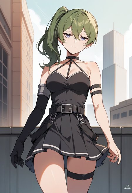 score_9,score_8_up,score_7_up,score_6_up,score_5_up,score_4_up, source_anime,
1girl, ubel \(sousou no frieren\), hair between eyes, side ponytail, medium breasts, black dress, halterneck, thigh strap, belt, elbow gloves, single glove, armband, light smile, closed mouth,
cowboy shot, outdoors, city, solo, looking at viewer, 
<lora:ubelponyxl:1>