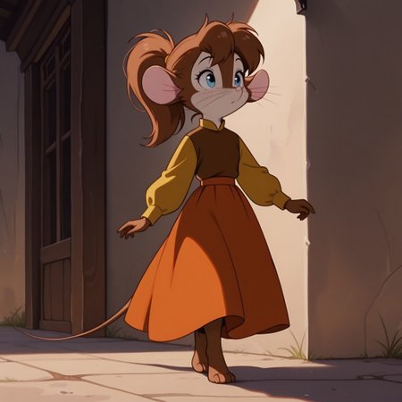 masterpiece, best quality, amazing quality, tanyafgwil, anthro, female, mouse, brown fur, blue eyes, brown hair, ponytail,  whiskers,  dress, orange skirt, brown shirt, long sleeves, yellow sleeves, barefoot, walking, outside, solo, 1girl