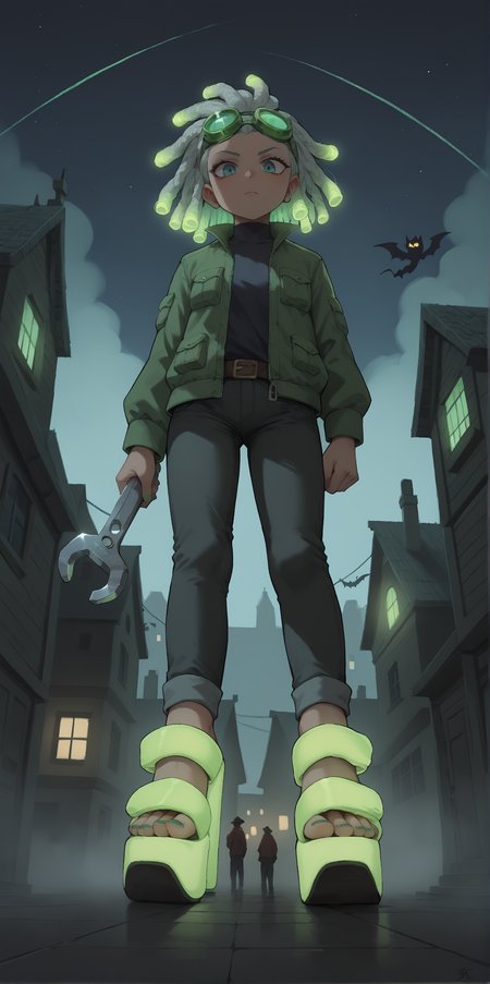 score_9, score_8_up, score_7_up, score_6_up, source_anime,
wide angle, standing, low angle, foot focus, 
standing,
holding a giant wrench as a weapon,
(glowing neon footwear:1.1),
(glowing neon hair:1.15),
1girl, leather pants, green short jacket, black and green hair, dreadlocks, 
goggles, glowing green goggles,
ï»¿(ï»¿m3sh heels), platform footwear,
halloween scene, fog, haunted house, night,
green toenail polish,
embedding:zPDXLrl ,
embedding:zPDXL2 ,