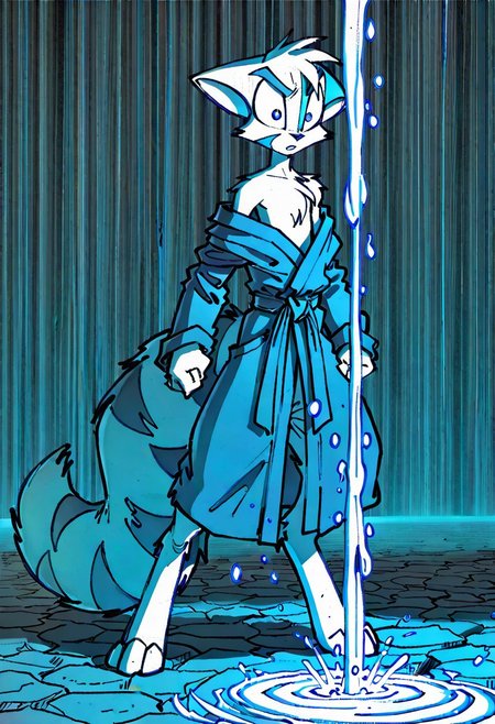 Mace, Dreamkeepers, 1boy, anthropomorphic, feline-like, white fur, spiky hair, masterpiece, best quality, chest fur, <lora:Dreamkeepers_Mace_Illustrious:0.8>,
,masterpiece, best quality, amazing quality, male, score_9, score_8_up, score_7_up, solo, no text, high detailed, high quality, masterpiece, no text, quality highlights, 8k detail, detailed background, ultra-detailed,  high quality, best quality, rendering, high resolution, best render quality, standing, facial features, white skin, Japanese Temple, medium bushy tail, male, detailed hair, narrow shoulders, one tone torso, two tone face, two tone tail, sexy, vibrant details, fluffy fur, blue eyes, wide curves, black nose, Blue and black robe, katana, serious expression, looking cool, rain pouring down, dark lighting, jumping a gap, intense expression, angry, determined, Odachi,