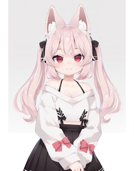 score_9, score_8_up, score_7_up,source_anime,1girl  <lora:Karin_Pony_V1:1>,solo,(vrchat karin),red eyes,white puffy long sleeves,off shoulder,pink hair, black bow, pink bow,black skirt,black socks,white footwear,(bwf),smile, upper body,