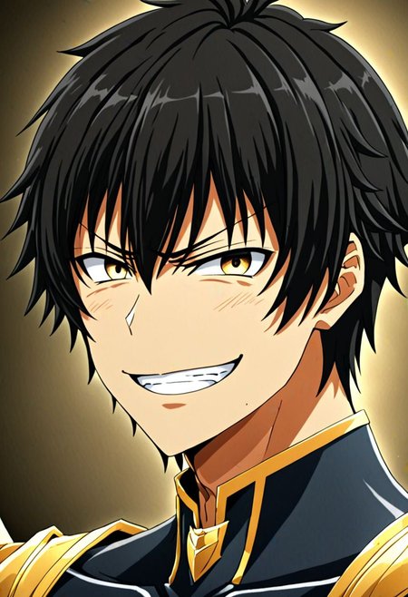 high resolution, solo, best quality, 1Boy, Seiya Kanie, black hair, short hair, thin, portraits, looking at viewer, angry, smile, OverallDetail