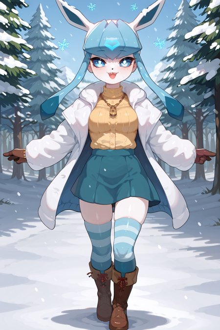 score_9, score_8_up, score_7_up, score_6_up,source_anime,<lora:add-detail-xl:1>,<lora:Expressive_H:0.8>,BREAK,
,<lora:drunkoak.pony:1>, drunkoak, glaceon, warm coat, skirt, striped thighhighs, boots, standing in snow, outdoors, snowing ,snowflakes, exited ,happy , looking up, night sky, snow covered trees, glowing blue eyes, bright eyes,thigh gap,