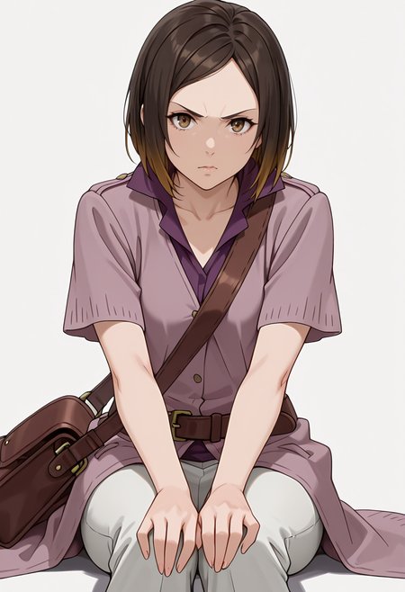 Smooth Quality,masterpiece,very intricate, high quality details, ultra realistic, high detailed skin,detailed enviorement,absurdres,
simple background, white background,solo,
sitting, legs spread, hands on knees, serious face, upright posture,  ,front view,envy,
 <lora:Kirara_Mizutani_cnn:0.8> 1girl, short hair, brown hair, multicolored hair, two-tone hair, brown eyes, at viewer, upper body,shirt, short sleeves, collared shirt, coat, pants, purple shirt,brown belt, shoulder bag,