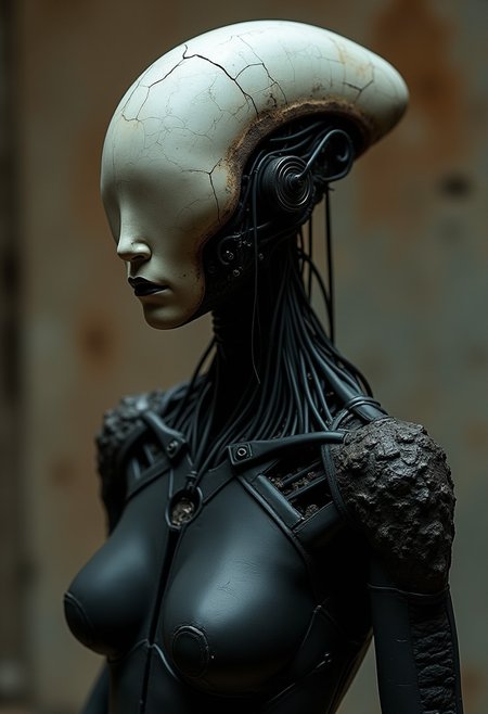 Create a hyper-detailed, cinematic portrait of a futuristic humanoid figure, combining elements of an alien cyborg and a sculpture. The figure stands upright, its humanoid form appearing simultaneously mechanical and organic. The head is smooth and mask-like, resembling a stone sculpture with subtle cracks, giving the impression of age or wear. Black tendrils and cables creep around the neck, intertwining with metallic components, suggesting a fusion between organic matter and advanced technology. The face is expressionless, with a haunting, minimalist appearance that exudes mystery and power.
The cyborg’s body is matte black, with exposed mechanical joints and rough, worn textures, further emphasizing the contrast between flesh and machine. The atmosphere should be dim and gritty, with warm, muted lighting casting soft shadows across the figure, highlighting the textures of the metallic and organic elements.
Key Details to Include:
Focus on the figure’s sleek yet eerie face, resembling a smooth, cracked stone mask, blending ancient and futuristic design.
Black cables and tendrils emerging from the neck, fusing with metallic components in a subtle yet intricate way.
A dim, dystopian background with a warm, industrial tone—soft lighting highlights the textures of the figure, creating an enigmatic and dramatic atmosphere.
The figure’s structure should balance between organic and robotic, blending elements of cyberpunk with eerie surrealism.