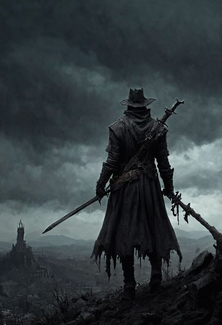 score_9, score_8_up, score_7_up, grimdark, under an apocalyptic sky, a warrior of darkness standing atop a barren hill, a blissful nightmare or a bad dream, solo male, masterpiece, realistic, best quality, ral-chrosc-bw, Bloodborne, Style-Volumetric, CS-RBW