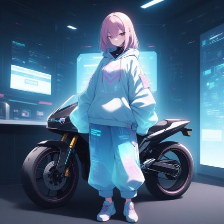 a cyberpunk hacker girl standing outside of a futuristic ramen shop next to her parked high tech motorcycle, she is wearing baggy holographic pants and hoodie, and a digital rebreather, digiswag, high quality, high resolution
