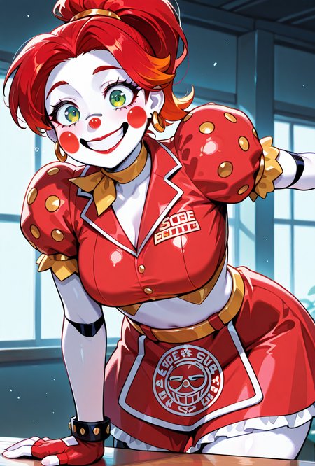 <lora:ilglambab-10:1> glambab, white skin, red hair, ponytail, wide smile, earrings, short puffy sleeves, red fingerless gloves, red dress, red lips, green eyes,, red nose,  ((dynamic pose)), midriff window,, ((animatronic, faceplates, line on face)),, score_9, score_8_up, score_7_up, masterpiece, best quality, masterpiece, best quality, amazing quality, very aesthetic, absurdres, newest,