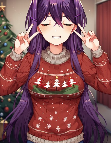 score_9, score_8_up, score_7_up, source_anime, <lora:ddlc-yuri-ingame-ponyxl-lora-nochekaiser:1>, yuri, yuri (doki doki literature club), hair ornament, hairclip, long hair, purple eyes, purple hair, hair intakes, hair between eyes, sidelocks, medium breasts,, <lora:christmas-sweater-ponyxl-lora-nochekaiser:1>, christmas sweater, christmas, ugly sweater, print sweater, red sweater, christmas tree, christmas ornaments, sweater, multicolored sweater, , v, smile, hands up, teeth, closed eyes, cowboy shot,, , dutch angle, cowboy shot