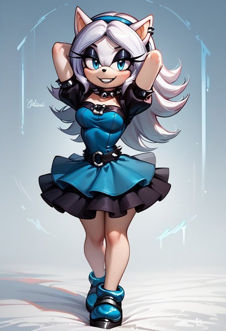 score_9, score_8_up, score_7_up, score_6_up, g0thicPXL, 1girl, 1girl, solo, goth girl, maria_robotnik, sonic_(series), hedgehog_girl, eyeliner, eyeshadow, blue eyes, long pale white hair, blue_hairband, black lips, seductive smile, pretty face, spiked collar, white_gloves, blue_dress, medium skirt, shoes, blue_footwear, sexy pose, smile, grin, cute, sexy pose, lewd expression, wide hips, medium breasts, standing, back, arms behind her head, posing, goth