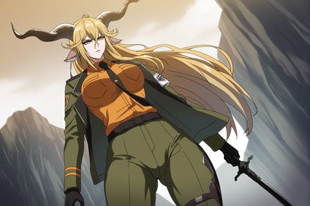 degenbrecher (arknights),1girl,animal ears,armband,black necktie,blonde hair,breasts,brown horns,goat ears,goat girl,goat horns,green pants,holding,holding sword,holding weapon,horns,jacket,kjerag logo,long hair,military jacket,mountain,necktie,orange shirt,pants,shirt,sword,weapon,white armband,
<lora:taimanin_anime_style:1>,taimanin_anime_style,masterpiece,best quality,cowboy shot,mature female,dutch angle,curvy,thicc thighs,cleft of venus,venus body,