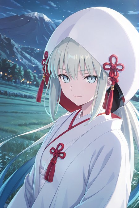 morgan le fay \(fate\),(cinematic_angle:1.2),looking_at_viewer,depth of field,(fgo spring2025 newmaster promostyle),<lora:FGO Spring2025:0.8>,blurry,night,(uchikake:1.2),mountain,grassland,outstretched_arms,light smile,close-up,, masterpiece,best quality,amazing quality,